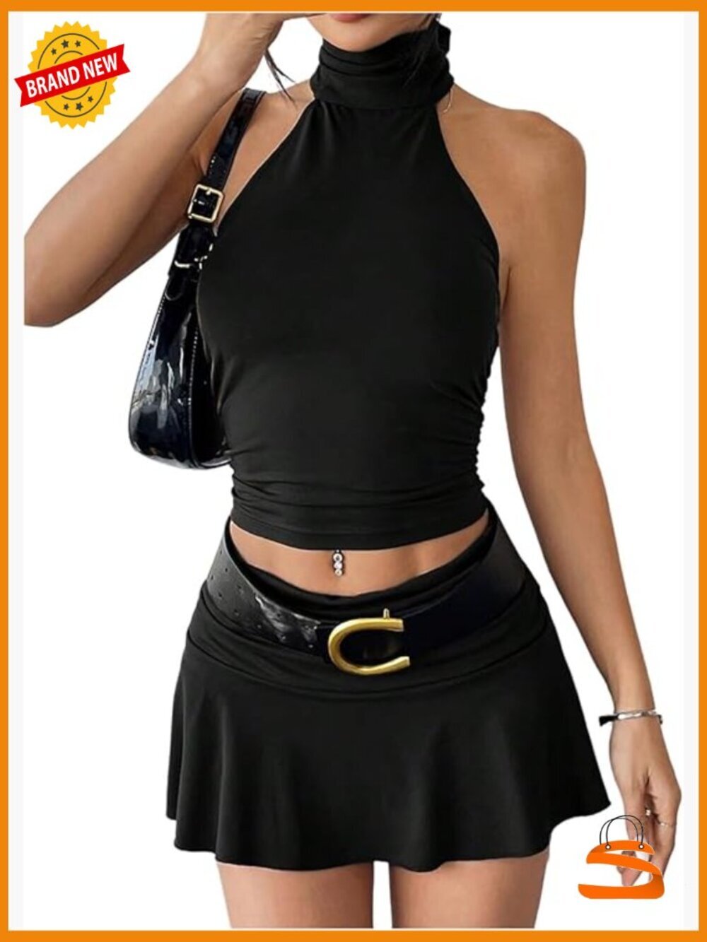 Women's 2 Piece Going Out Set Backless Halter Top and Ruffle Mini Skirt
